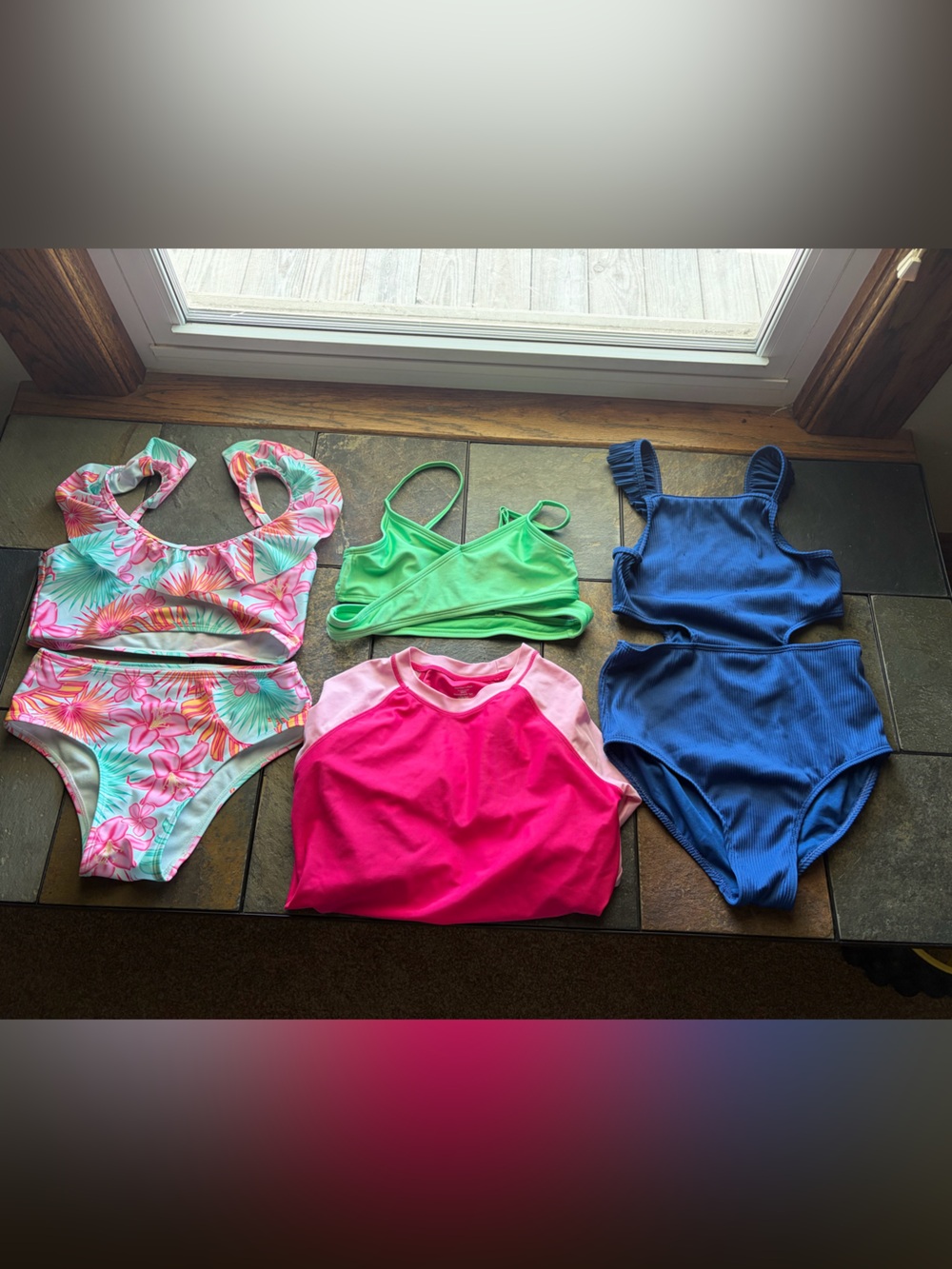 Lot of 5 Colorful Girls Swimwear Pieces - Floral, Lime, Hot Pink, Royal Blue